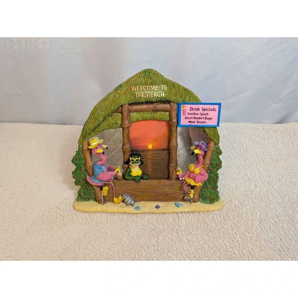 Tropical Flamingo‎ & Frog Tiki Hut Beach Scene Picture Frame Desk Decor